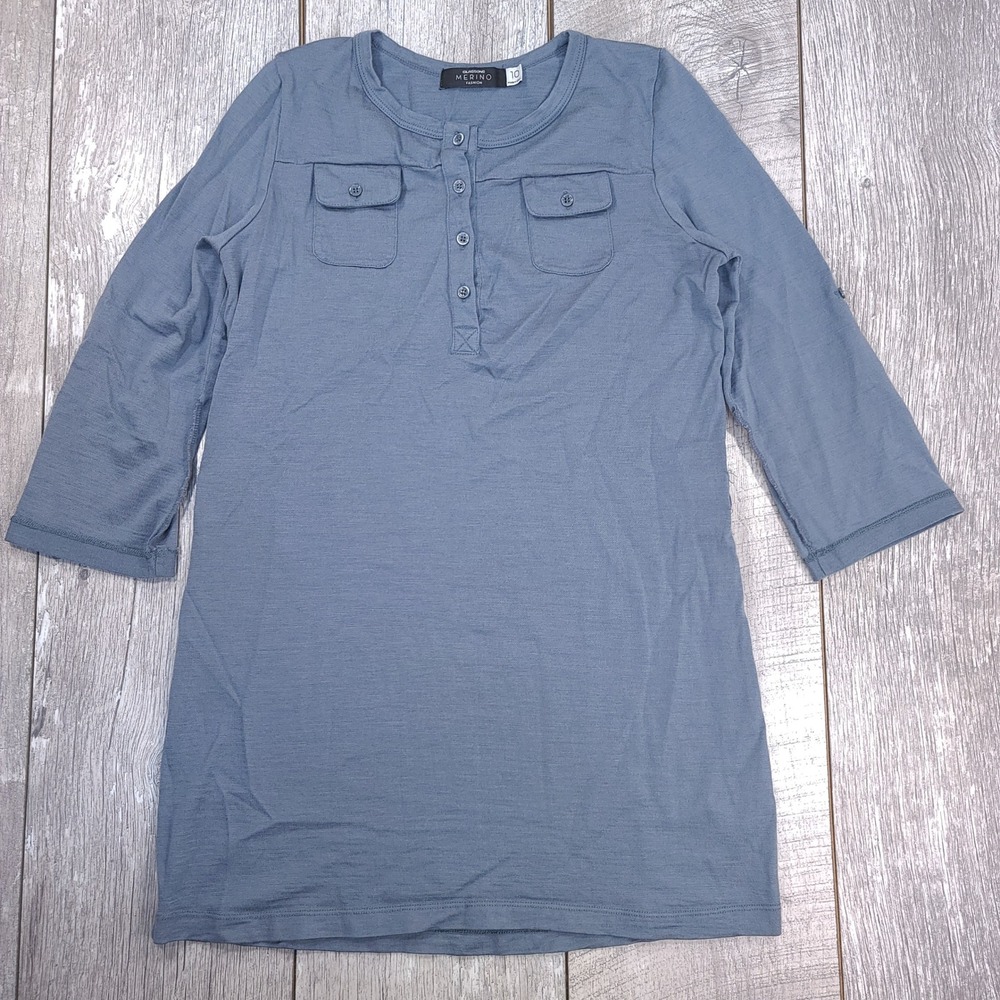 Glassons Henley Top Women 10 Blue Merino Wool Roll Tab Sleeve Pocket Longline